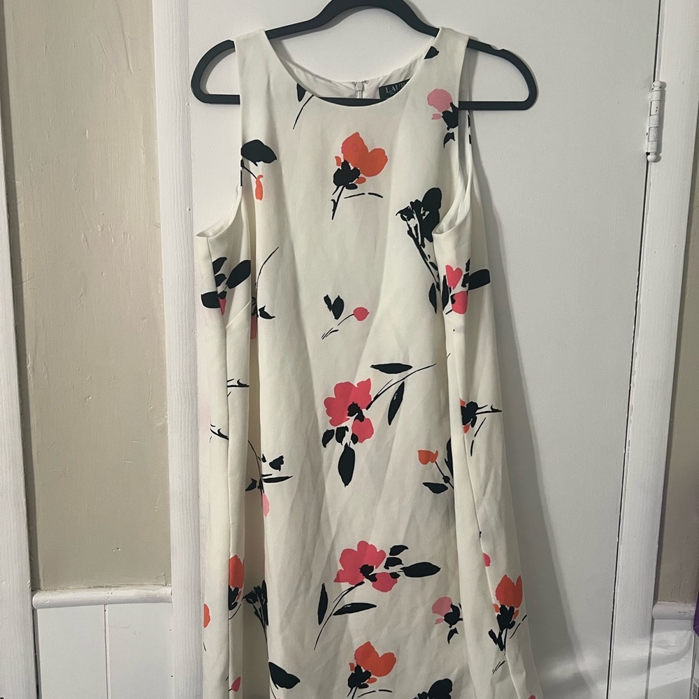 Cream with Pink and Black Accents- Back Pleat Shift Dress